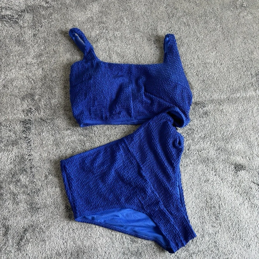 Royal Blue Smocked High Waisted Bikini Set Two Piece Swimsuit‎ Size M